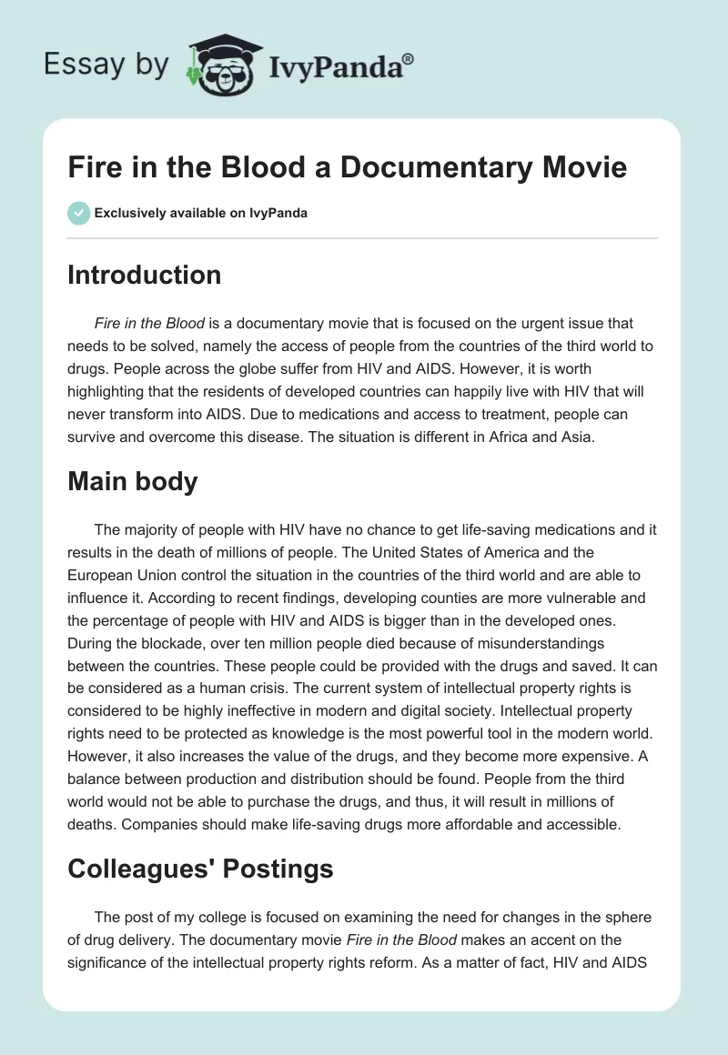 "Fire in the Blood" a Documentary Movie. Page 1