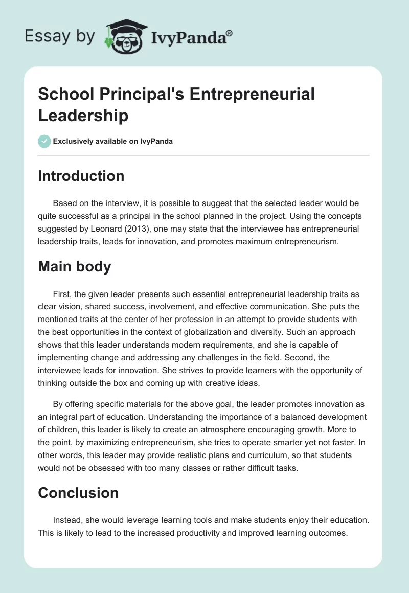 School Principal's Entrepreneurial Leadership. Page 1