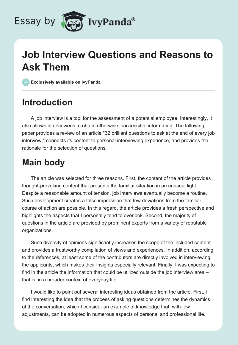 Job Interview Questions and Reasons to Ask Them. Page 1