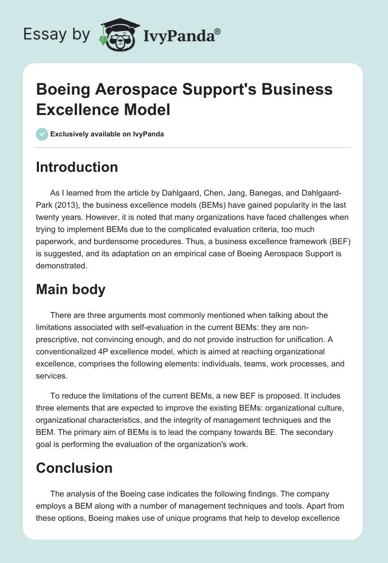 Boeing Aerospace Support's Business Excellence Model. Page 1