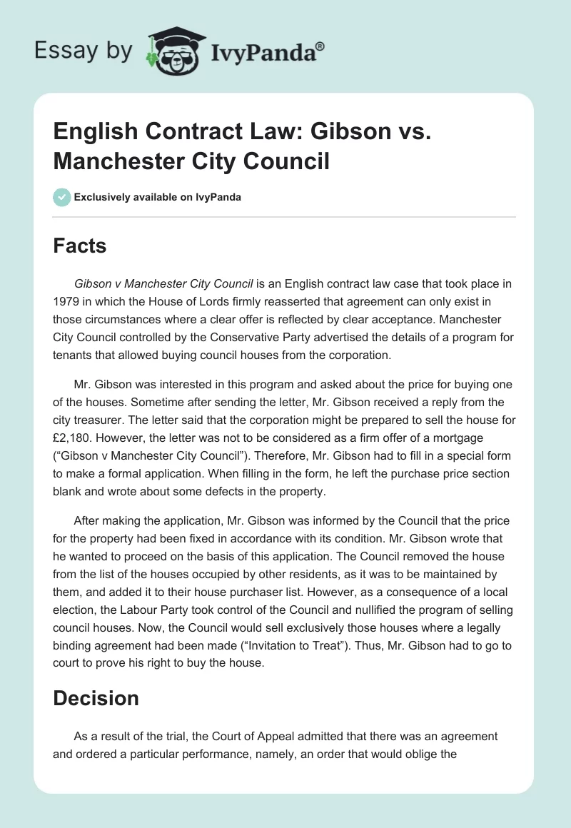 English Contract Law: Gibson vs. Manchester City Council. Page 1