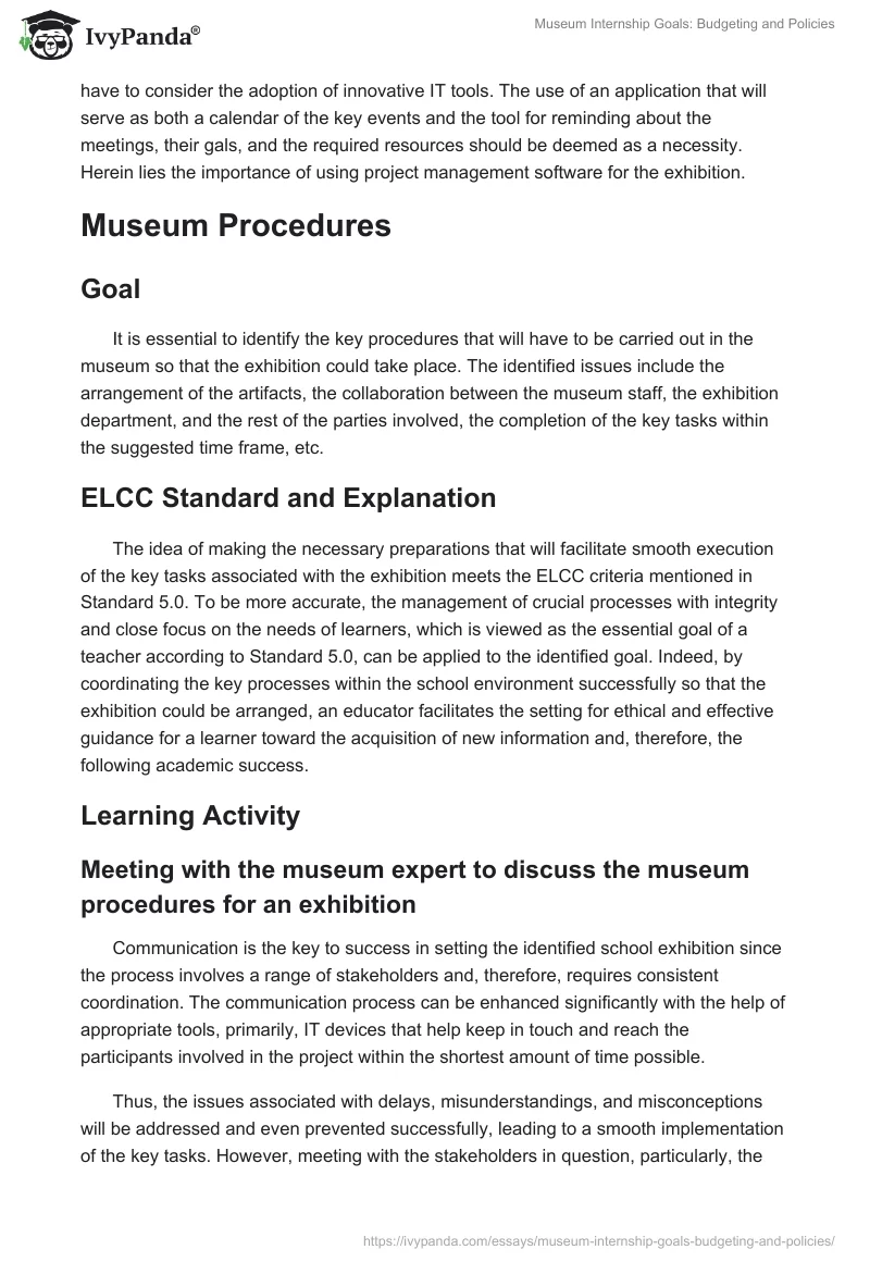Museum Internship Goals: Budgeting and Policies. Page 5