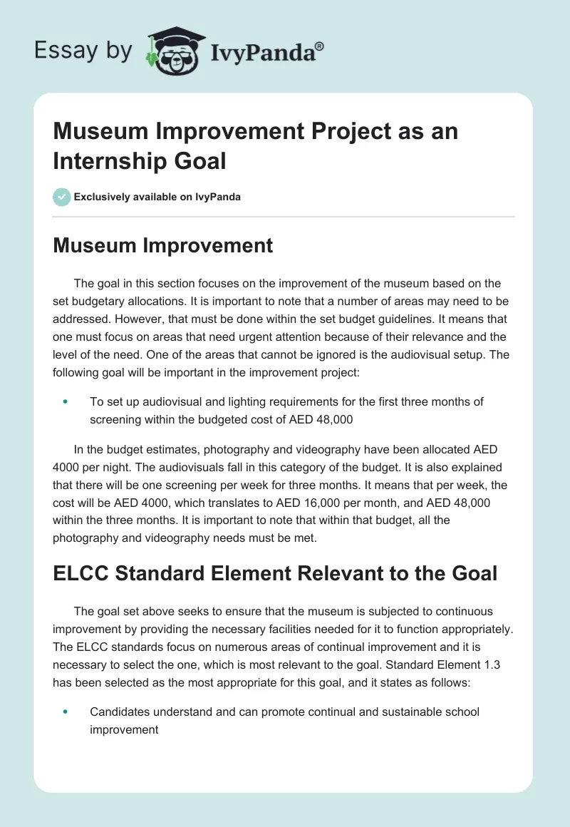 Museum Improvement Project as an Internship Goal. Page 1