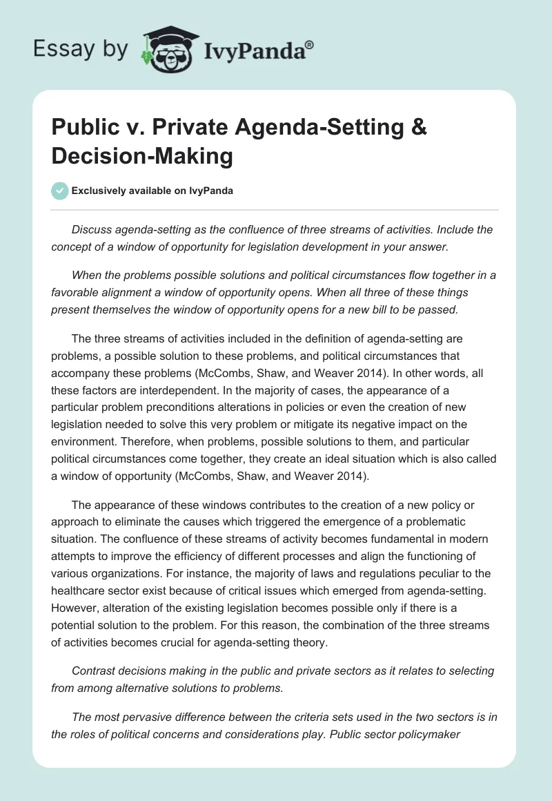 Public v. Private Agenda-Setting & Decision-Making. Page 1