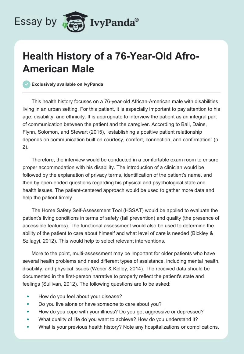 Health History of a 76-Year-Old Afro-American Male. Page 1