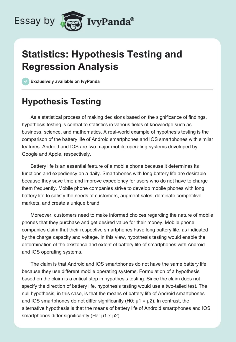 Statistics: Hypothesis Testing and Regression Analysis. Page 1