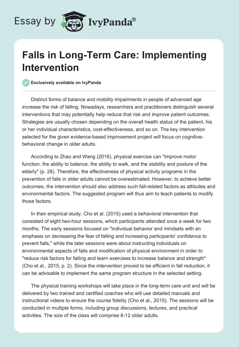 Falls in Long-Term Care: Implementing Intervention. Page 1