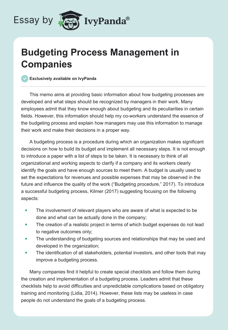 Budgeting Process Management in Companies. Page 1