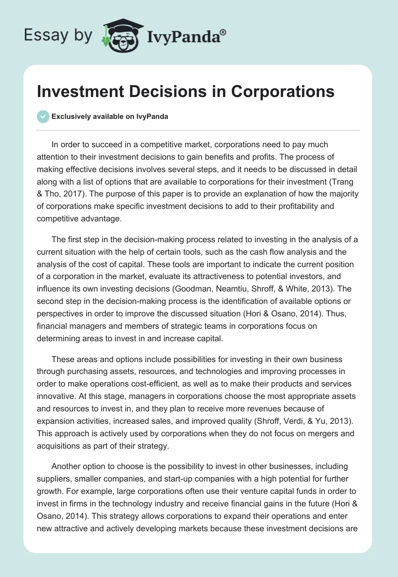 Investment Decisions in Corporations. Page 1