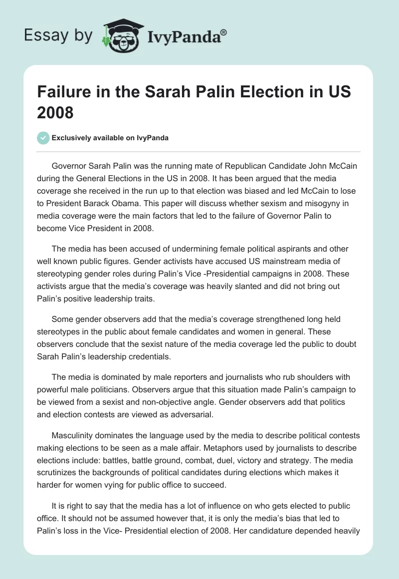 Failure in the Sarah Palin Election in US 2008. Page 1