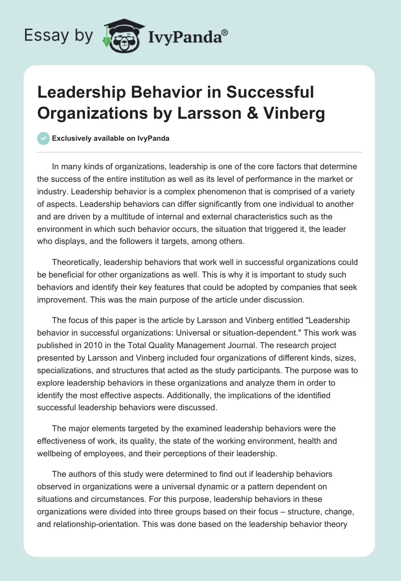 Leadership Behavior in Successful Organizations by Larsson & Vinberg. Page 1
