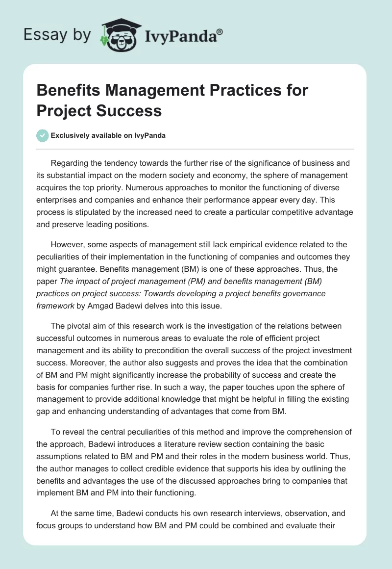Benefits Management Practices for Project Success. Page 1