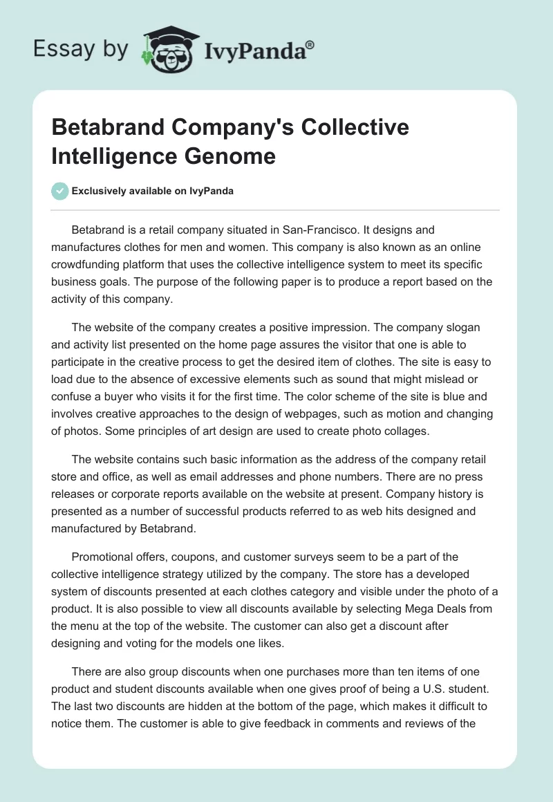 Betabrand Company's Collective Intelligence Genome. Page 1