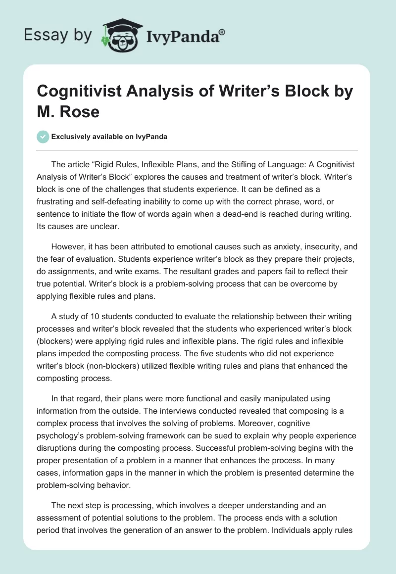 Cognitivist Analysis of Writer’s Block by M. Rose. Page 1