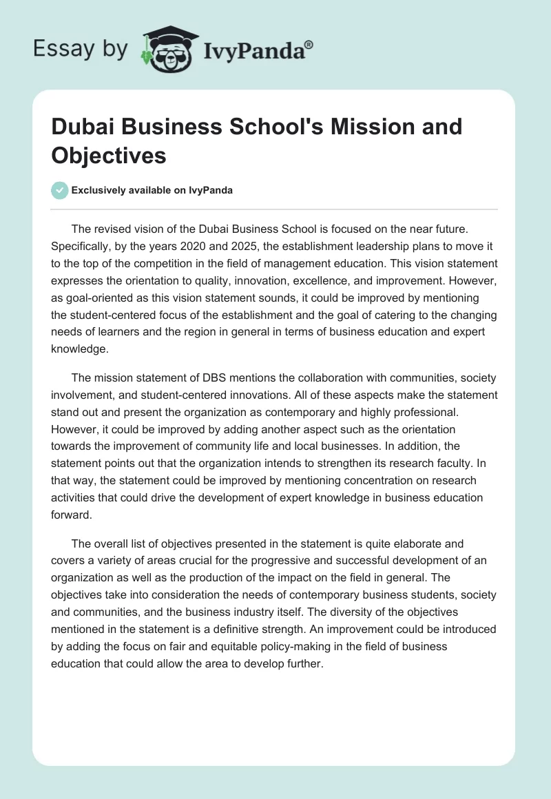 Dubai Business School's Mission and Objectives. Page 1