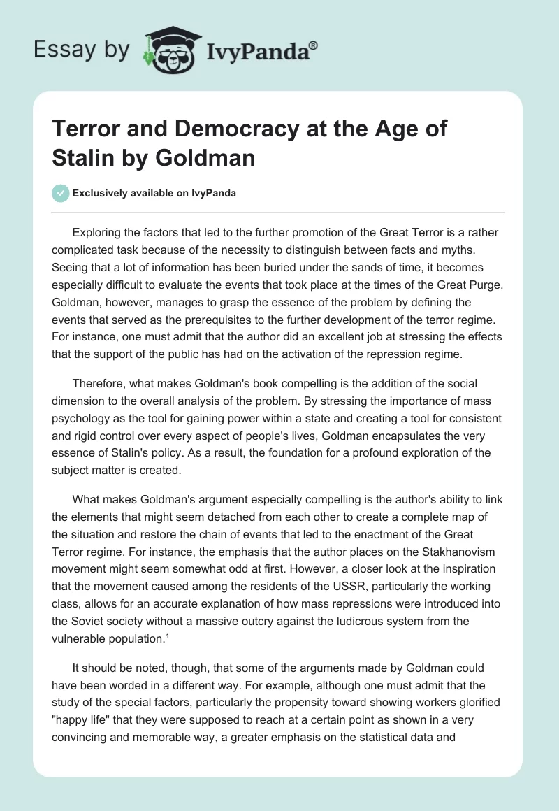"Terror and Democracy at the Age of Stalin" by Goldman. Page 1