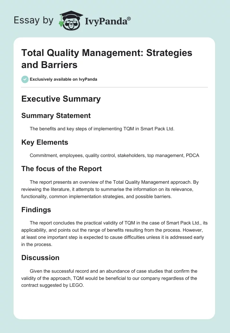 Total Quality Management: Strategies and Barriers. Page 1