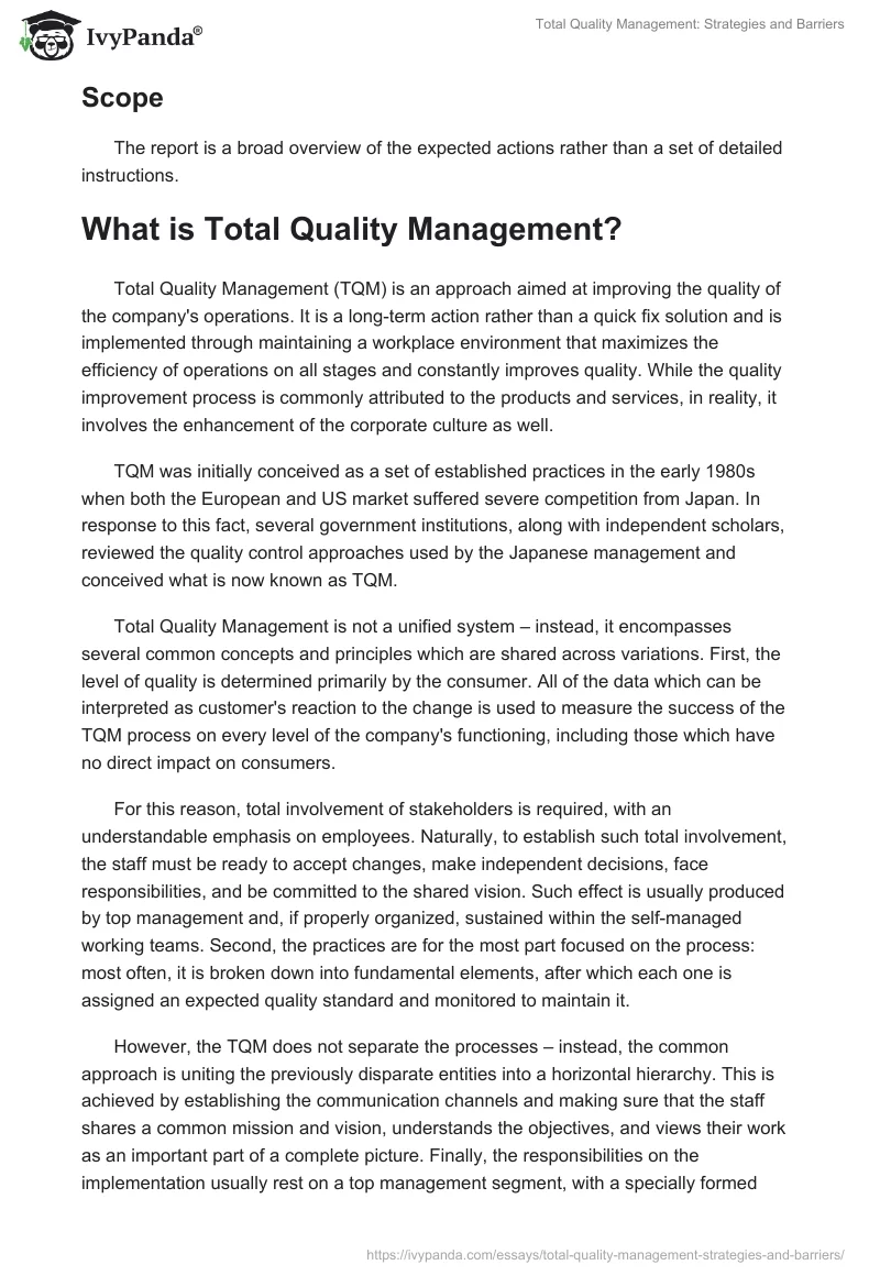 Total Quality Management: Strategies and Barriers. Page 3