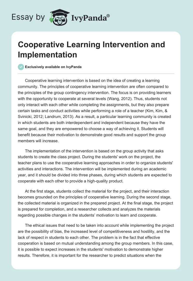Cooperative Learning Intervention and Implementation. Page 1