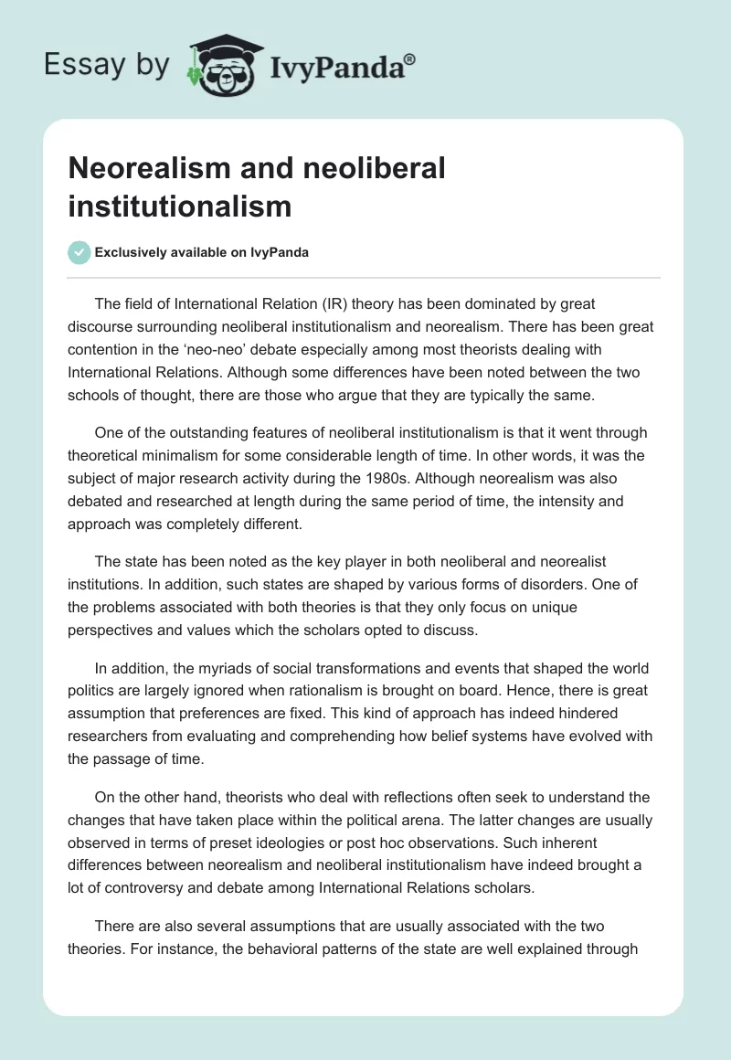 Neorealism and neoliberal institutionalism. Page 1