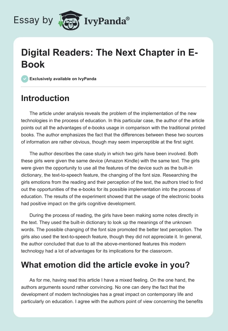 Digital Readers: The Next Chapter in E-Book. Page 1