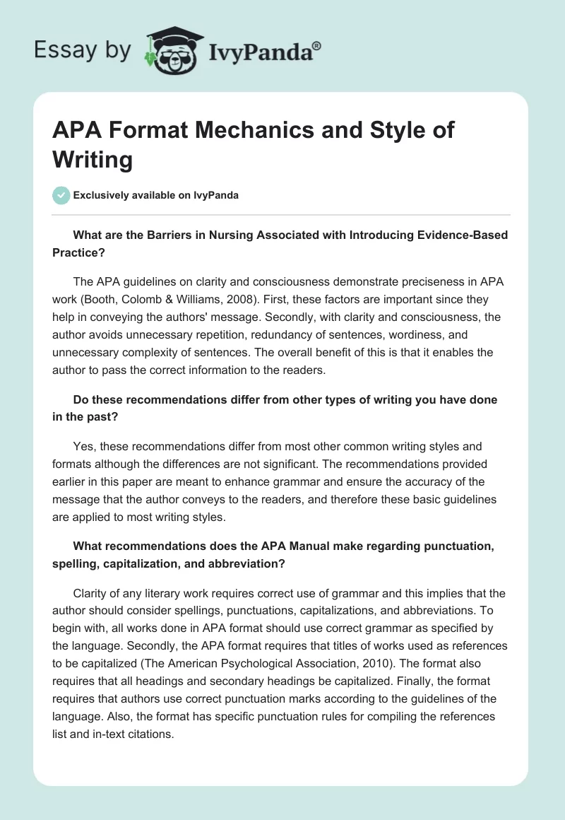 APA Format Mechanics and Style of Writing. Page 1