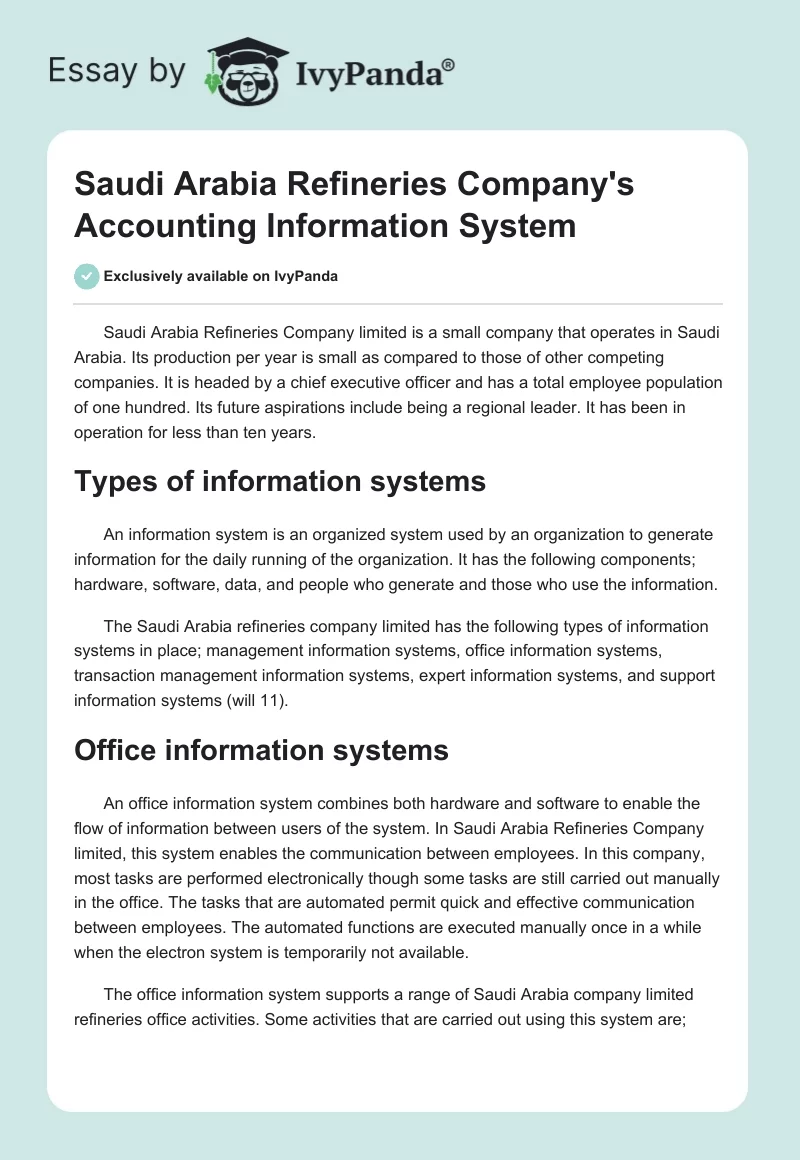 Saudi Arabia Refineries Company's Accounting Information System. Page 1