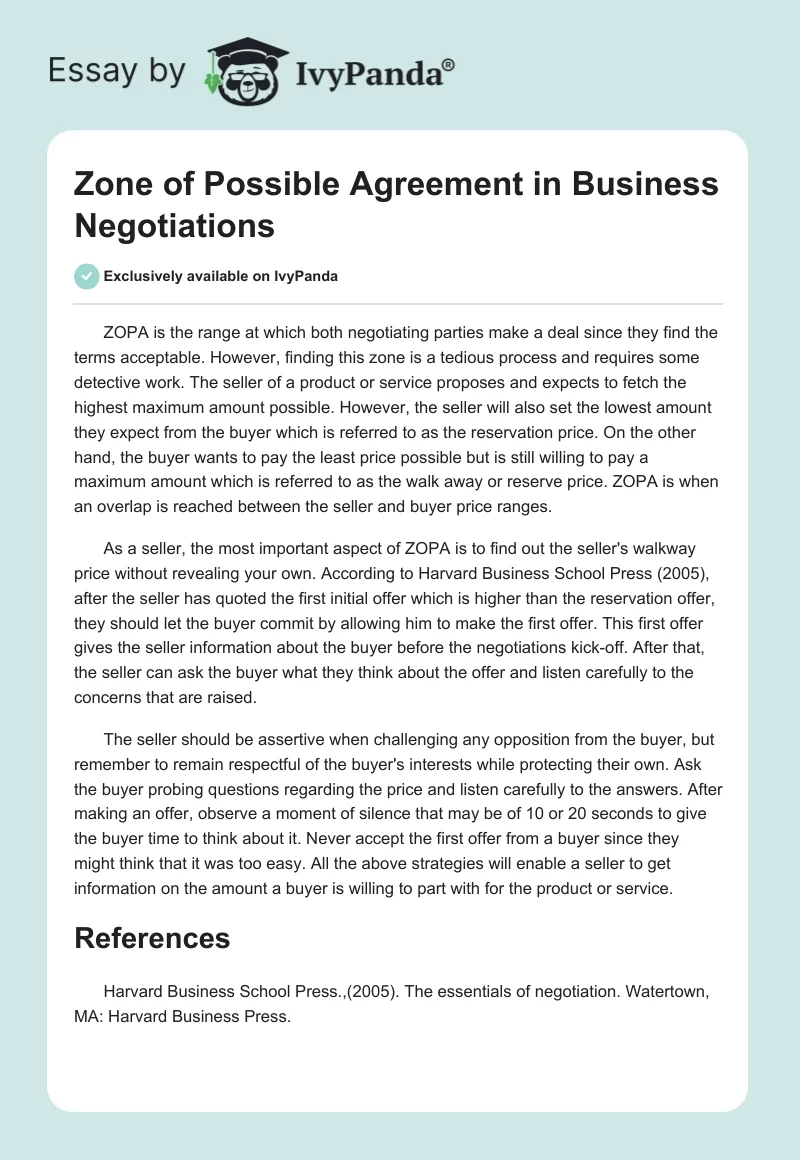 Zone of Possible Agreement in Business Negotiations. Page 1