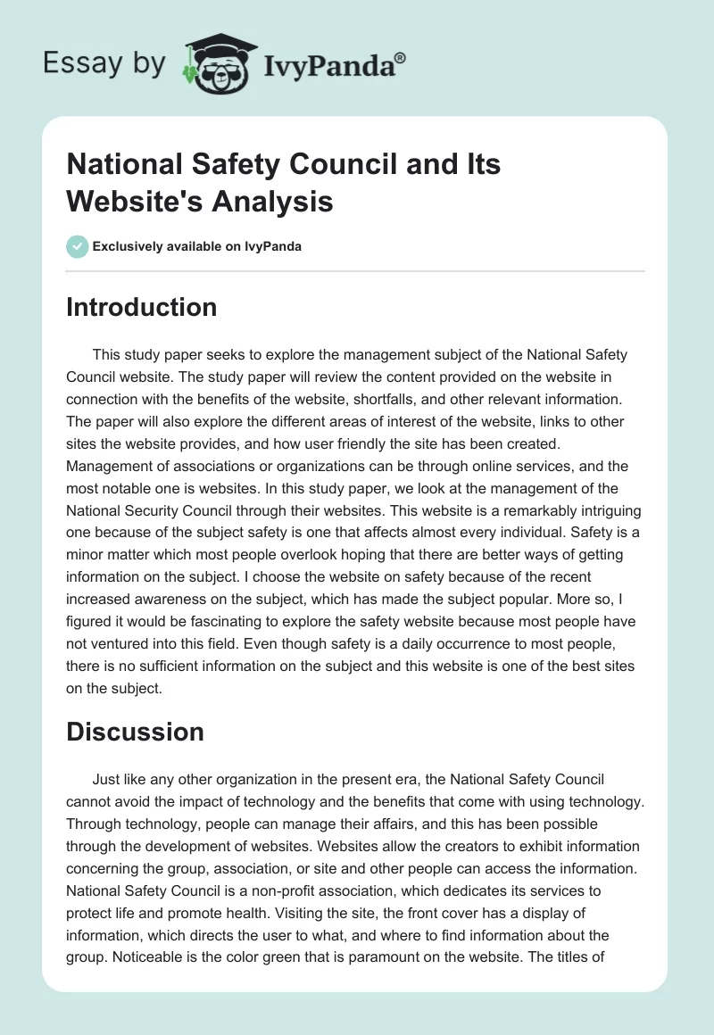 National Safety Council and Its Website's Analysis. Page 1