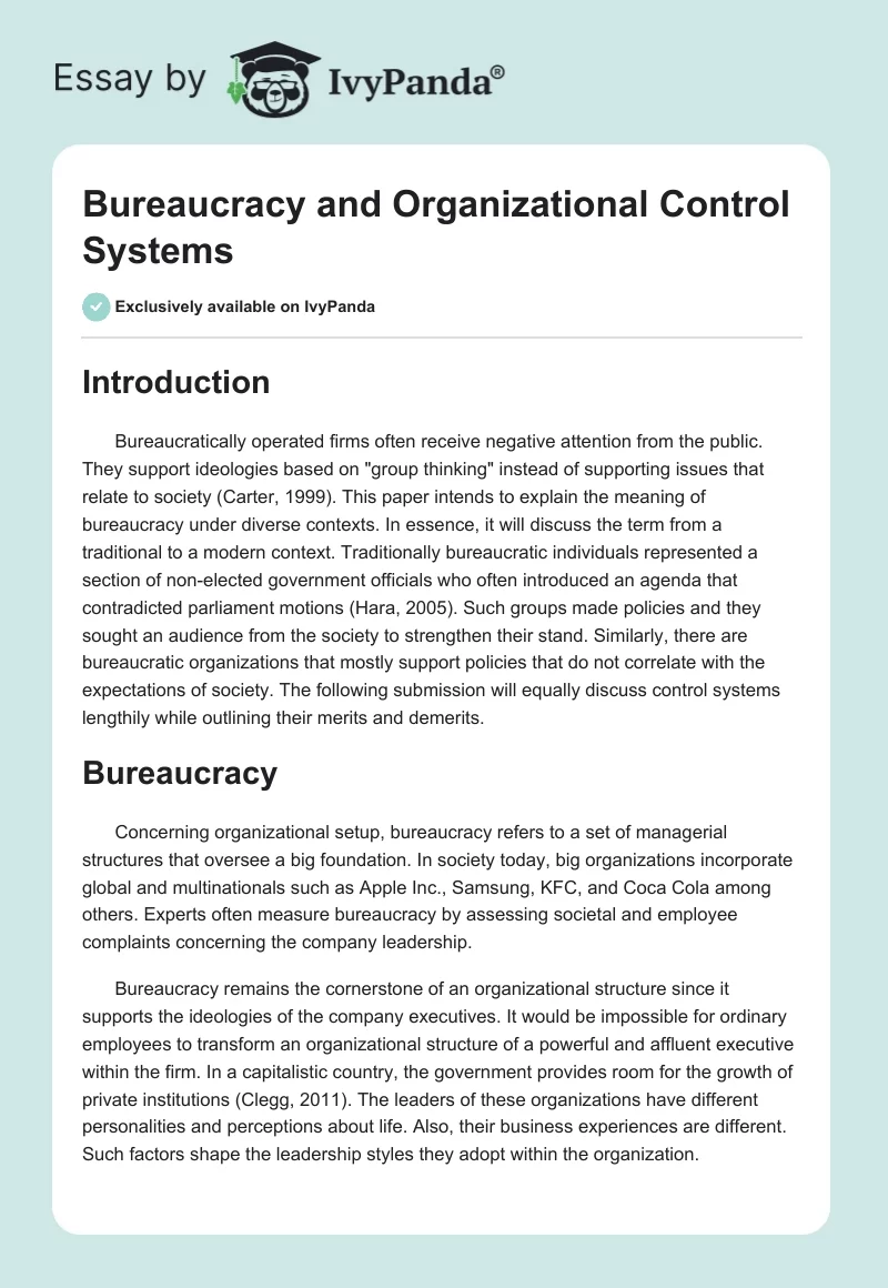 Bureaucracy and Organizational Control Systems. Page 1