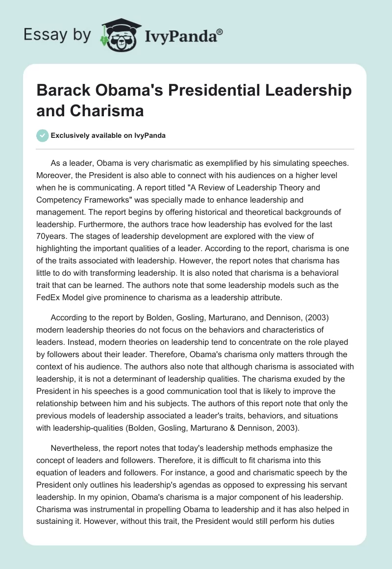 Barack Obama's Presidential Leadership and Charisma. Page 1