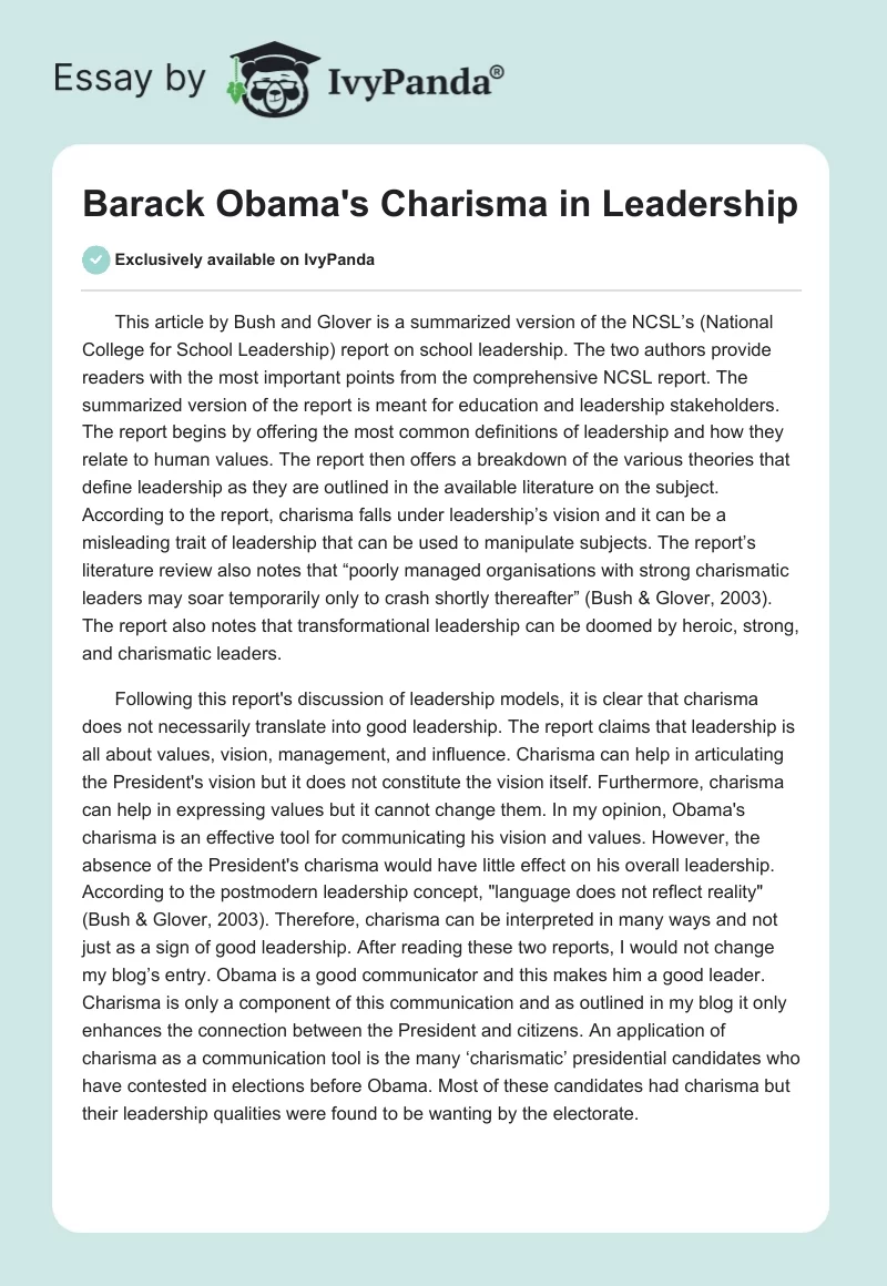 Barack Obama's Charisma in Leadership. Page 1