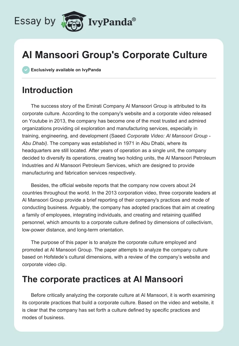 Al Mansoori Group's Corporate Culture. Page 1
