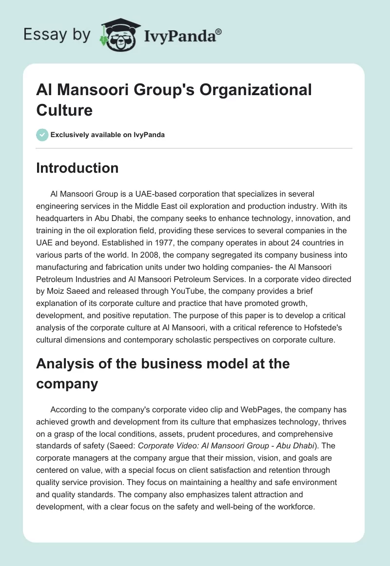 Al Mansoori Group's Organizational Culture. Page 1