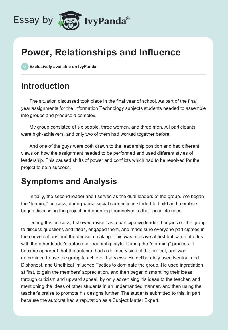 Power, Relationships and Influence. Page 1