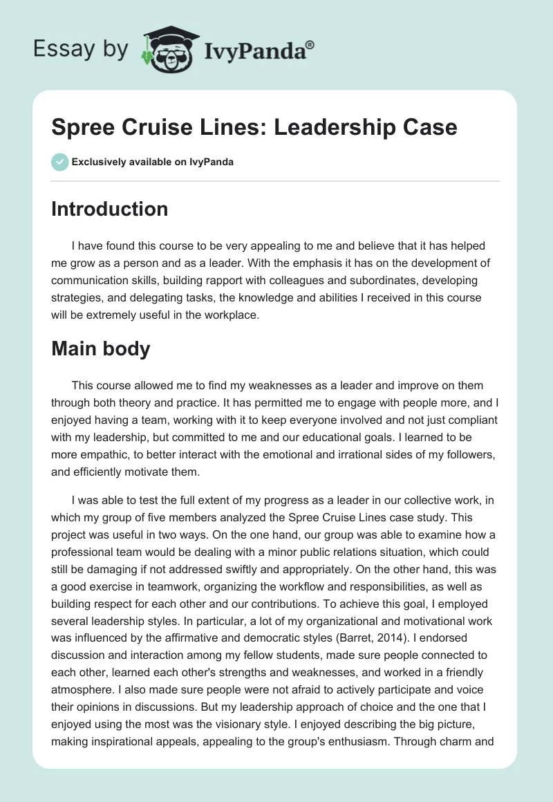 Spree Cruise Lines: Leadership Case. Page 1