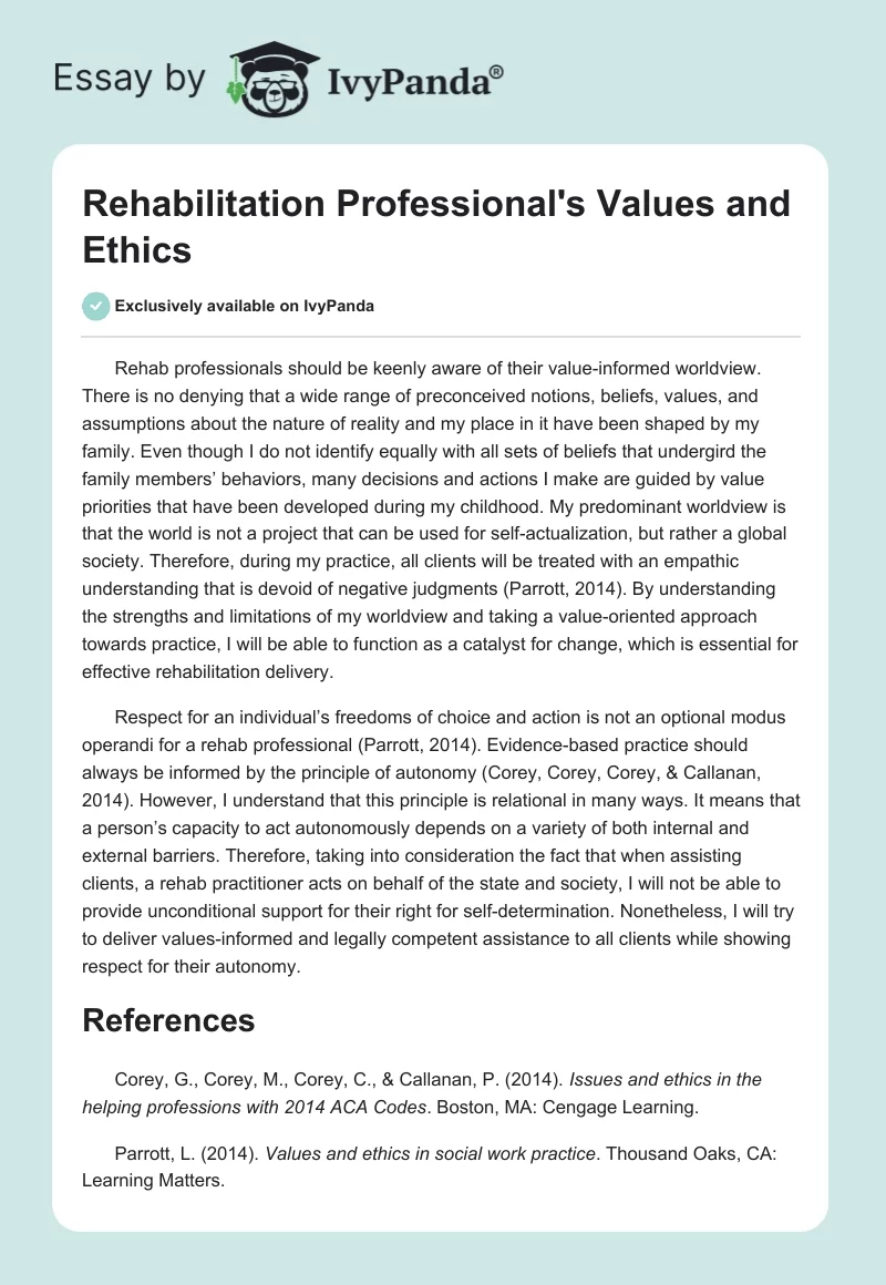 Rehabilitation Professional's Values and Ethics. Page 1
