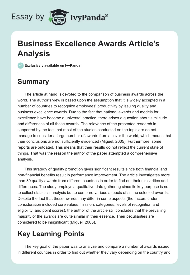 Business Excellence Awards Article's Analysis. Page 1