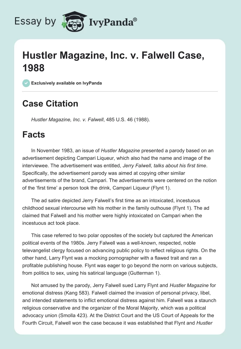 Hustler Magazine, Inc. v. Falwell Case, 1988. Page 1