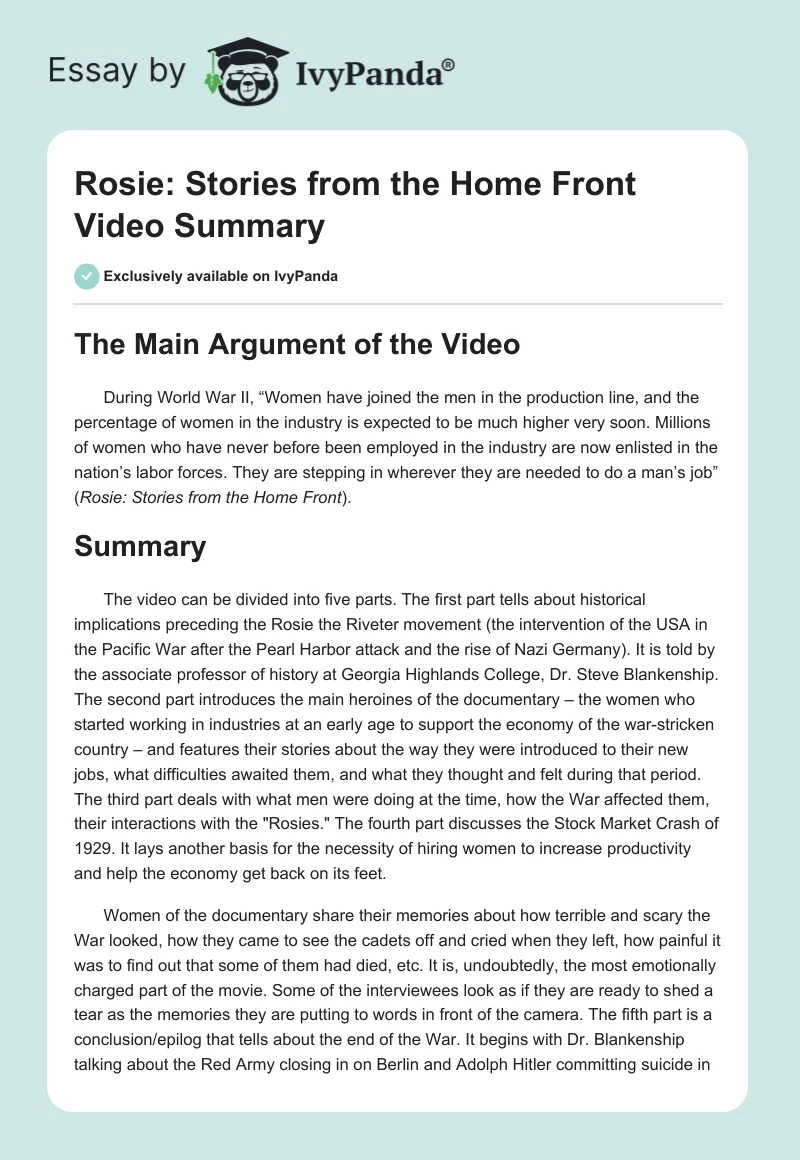 "Rosie: Stories from the Home Front" Video Summary. Page 1