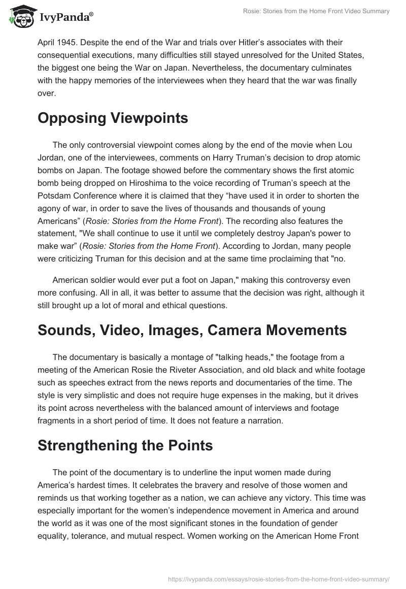 "Rosie: Stories from the Home Front" Video Summary. Page 2