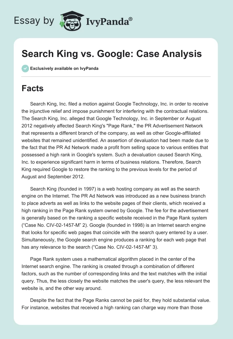 Search King vs. Google: Case Analysis. Page 1