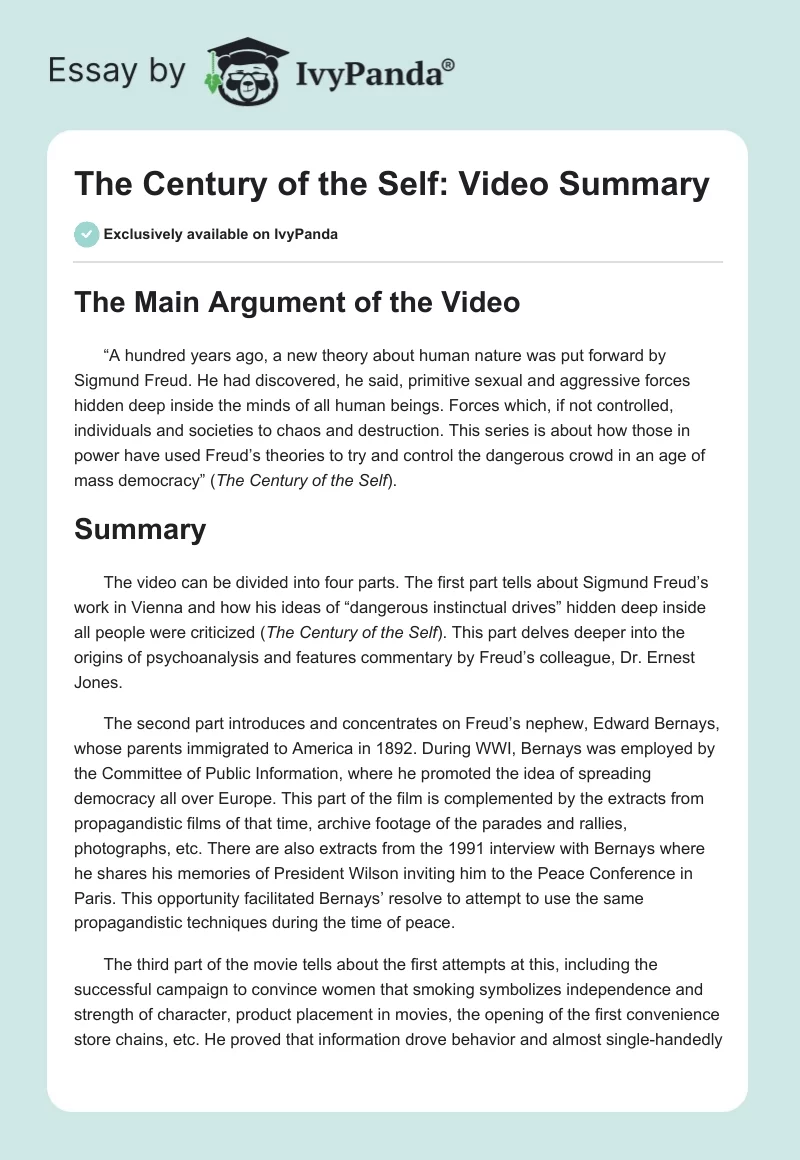 The Century of the Self: Video Summary. Page 1