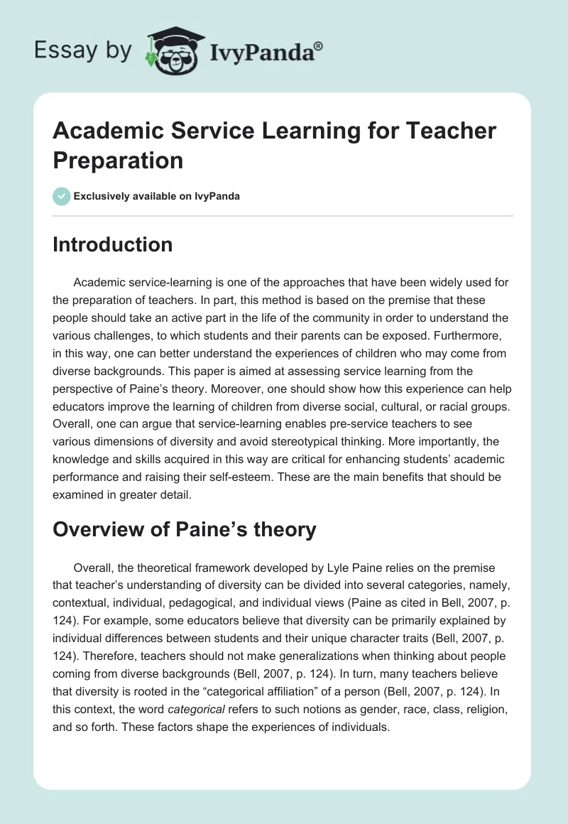 Academic Service Learning for Teacher Preparation. Page 1
