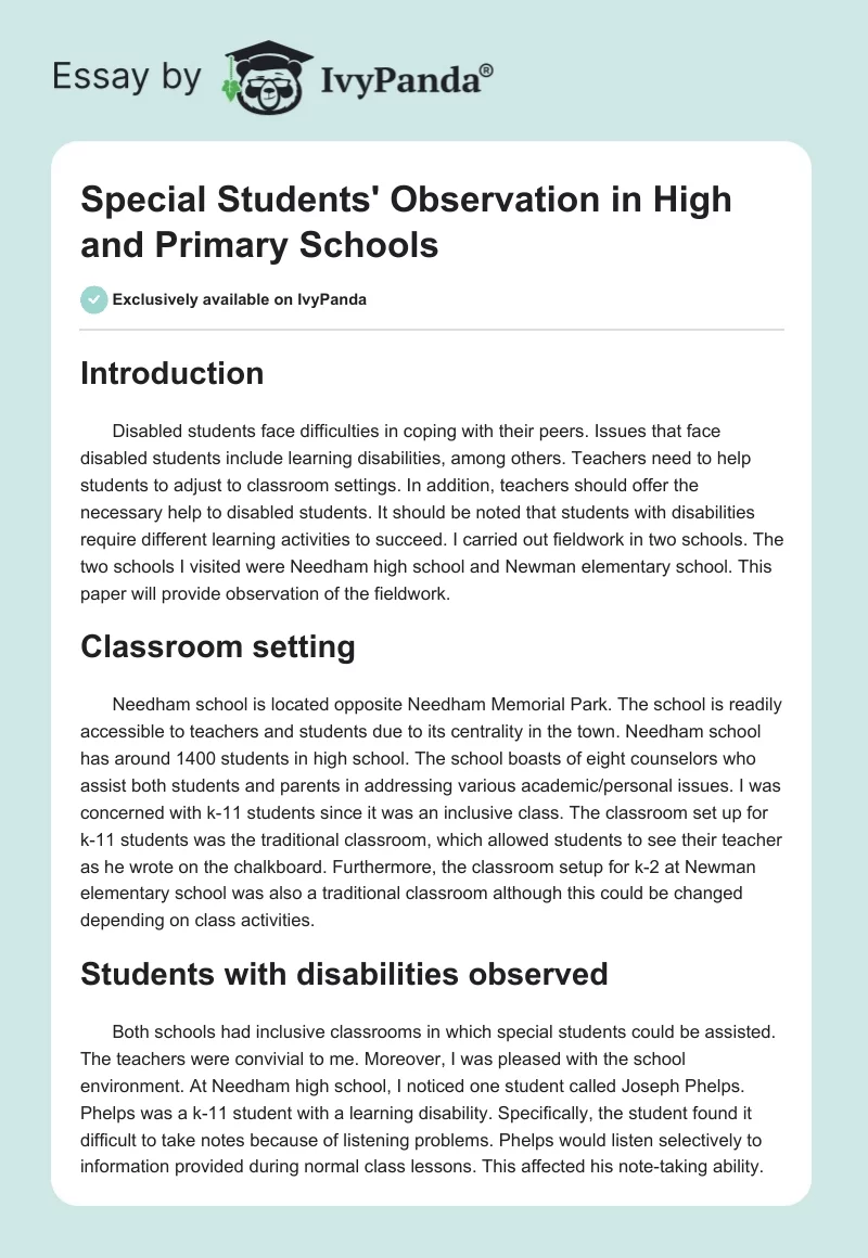 Special Students' Observation in High and Primary Schools. Page 1