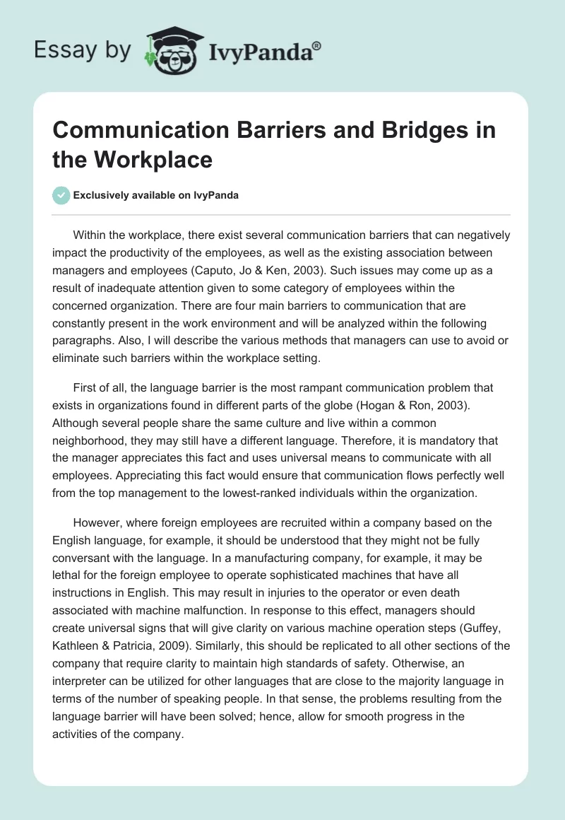 Communication Barriers and Bridges in the Workplace. Page 1