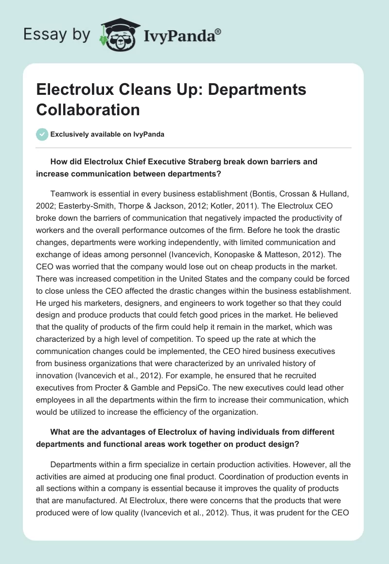 Electrolux Cleans Up: Departments Collaboration. Page 1