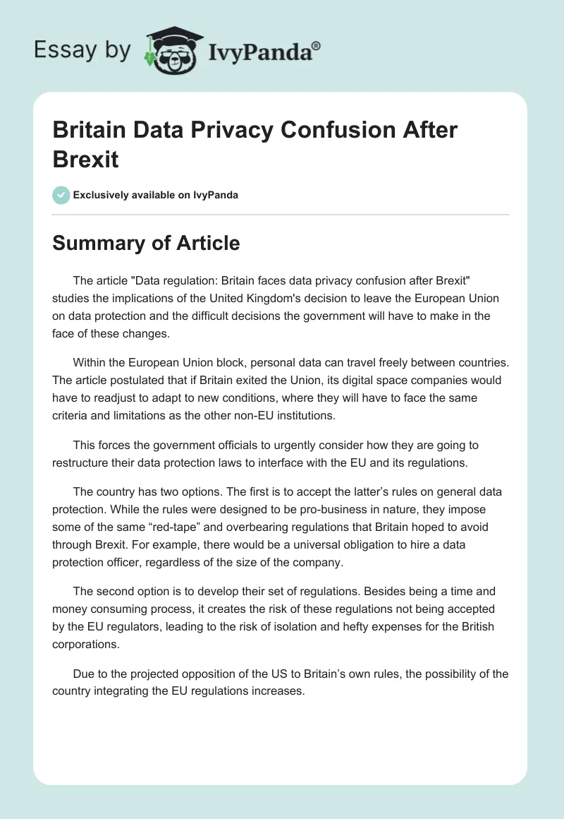 Britain Data Privacy Confusion After Brexit. Page 1