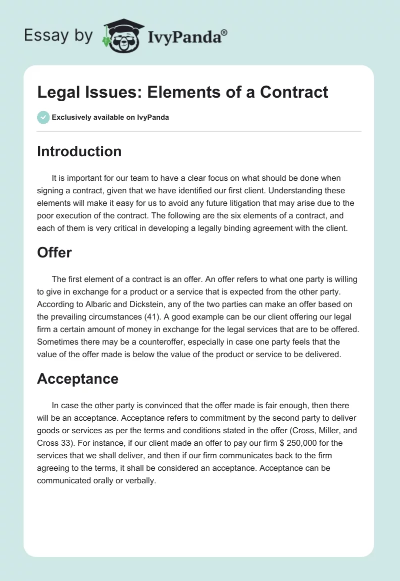 Legal Issues: Elements of a Contract. Page 1
