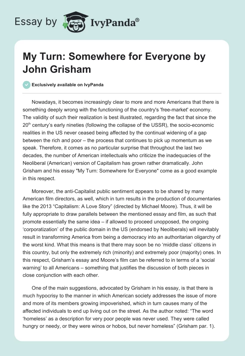 "My Turn: Somewhere for Everyone" by John Grisham. Page 1